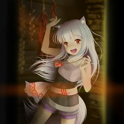  animal_ears belt colored_eyelashes commentary_request female hands_up highres long_hair myuri_(spice_and_wolf) open_mouth pouch red_eyes shinsetsu_spice_and_wolf shorts sleeveless smile solo spice_and_wolf suzupom tail white_hair wolf_ears wolf_tail 