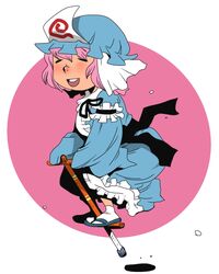  bouncing commentary_request female hat hopping japanese_clothes onikobe_rin pink_hair pogo_stick saigyouji_yuyuko short_hair smile solo touhou triangular_headpiece 