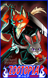  2016 anthro asian_clothing bleach_(series) canid canine clothed clothing digital_media_(artwork) disney duo east_asian_clothing female fox fur green_eyes grey_body grey_fur japanese_clothing judy_hopps katana lagomorph leporid long_ears male mammal melee_weapon nick_wilde orange_body orange_fur penmark purple_eyes rabbit red_fox shinigami_uniform simple_background size_difference sword true_fox weapon zootopia 