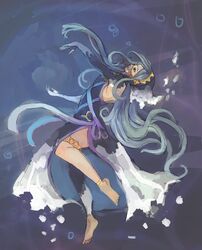  anklet azura_(fire_emblem) azura_(performing_arts)_(fire_emblem) barefoot black_dress blue_eyes blue_hair commentary_request dress elbow_gloves female fire_emblem fire_emblem_fates fire_emblem_heroes gloves highres jewelry long_hair lunie solo thighlet toeless_legwear underwater veil water 