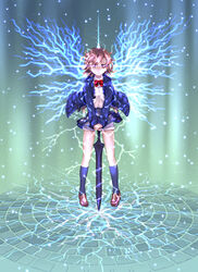  bow bowtie brown_hair commentary_request electrical_wings electricity electrokinesis female highres holding holding_sword holding_weapon jacket magnetism metal metal_sand misaka_mikoto photoshop_(medium) psychic raika9 red_bow red_bowtie school_uniform science_fiction short_hair short_shorts shorts shorts_under_skirt solo sword toaru_kagaku_no_railgun toaru_majutsu_no_index tokiwadai_school_uniform weapon wings winter_uniform 