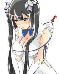  arm_ribbon bad_id bad_pixiv_id black_hair blue_eyes blue_ribbon blush bow breasts cleavage cleavage_cutout clothing_cutout dress dungeon_ni_deai_wo_motomeru_no_wa_machigatteiru_darou_ka embarrassed female hair_ornament hair_ribbon hestia_(danmachi) highres large_breasts lips long_hair looking_down pulling pulling_back rei_no_himo ribbon short_dress simple_background solo sutochan twintails v_arms white_background white_dress 