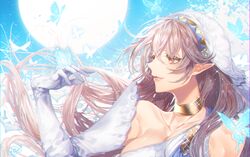  azura_(fire_emblem) azura_(fire_emblem)_(cosplay) bare_shoulders breasts bug butterfly collar collarbone commentary_request corrin_(female)_(adrift)_(fire_emblem) corrin_(female)_(fire_emblem) corrin_(fire_emblem) cosplay elbow_gloves female fire_emblem fire_emblem_heroes floating_hair gloves glowing hand_up highres large_breasts long_hair open_mouth pointy_ears red_eyes sleeveless smile solo upper_body veil yakusuke 