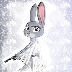  1:1 2017 anthro blaster clothed clothing crossover disney female fur gun judy_hopps lagomorph leia_organa leporid mammal purple_eyes rabbit ranged_weapon solo star_wars trashasaurusrex weapon zootopia 