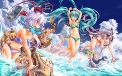  4girls armpits arms_up bikini blonde_hair blue_eyes blue_hair cloud commentary_request day diving_mask dutch_angle fish goggles goggles_on_head green_eyes green_hair gumi hatsune_miku highres ia_(vocaloid) jumping kagamine_len kagamine_rin kaito_(vocaloid) kamui_gakupo lobster long_hair megurine_luka mouth_hold multiple_girls nail_polish naka_(nicovideo14185763) navel ocean open_mouth outdoors photoshop_(medium) pink_hair purple_eyes riding short_hair_with_long_locks side-tie_bikini_bottom sky snorkel swimsuit takoluka twintails very_long_hair vocaloid voiceroid water yuzuki_yukari 