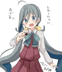  ahoge blue_hair blush bow bowtie chocolate commentary female grey_eyes grey_hair hair_between_eyes kantai_collection kiyoshimo_(kancolle) long_hair looking_at_viewer low_twintails multicolored_hair open_mouth riz_(ravel_dc) solo translated twintails valentine 