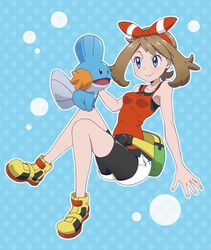  bad_id bad_twitter_id bag bare_shoulders bike_shorts blue_background blue_eyes blush bow_hairband breasts brown_hair closed_mouth collarbone female full_body gensei-225 hair_ribbon hairband may_(pokemon) mudkip pink_lips pokemon pokemon_(creature) pokemon_oras polka_dot polka_dot_background red_hairband red_ribbon ribbon shoes short_hair shorts simple_background sitting small_breasts smile sneakers striped tank_top white_shorts 