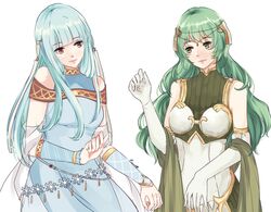  2girls aqua_hair arm_warmers armor bare_shoulders bikini_armor breastplate breasts commentary dress elbow_gloves fire_emblem fire_emblem:_the_blazing_blade fire_emblem_echoes:_shadows_of_valentia fire_emblem_heroes gloves green_eyes green_hair hair_ornament head_tilt highres long_hair looking_at_another medium_breasts multiple_girls nana_(mizukas) ninian_(fire_emblem) red_eyes ribbed_dress sash signature simple_background sleeveless sleeveless_dress smile tatiana_(fire_emblem) upper_body white_background white_gloves 