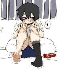  ... 1boy bad_id bad_pixiv_id bags_under_eyes bandage_on_face bandages barefoot black_eyes black_hair bulge doppel_(bonnypir) feet food_in_mouth full_body lee_hoon looking_at_viewer male_focus shorts single_sock socks soles solo suicide_boy toes 