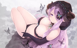  black_bra black_gloves black_panties blue_eyes bra braid breasts bug butterfly butterfly_hair_ornament cait_aron cleavage commentary draph elbow_gloves female gloves granblue_fantasy hair_ornament hair_over_one_eye heart heart-shaped_pupils highres hip_focus hood horns large_breasts light_purple_hair long_hair looking_at_viewer low_tied_hair narmaya_(granblue_fantasy) narmaya_(the_black_butterfly)_(granblue_fantasy) official_alternate_costume panties photoshop_(medium) pointy_ears single_braid smile solo symbol-shaped_pupils thighs underwear 