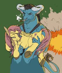  2013 absurd_res anthro ass bedroom_eyes bovid bovine cigarette cutie_mark duo ear_piercing equid equine european_mythology explosion eye_patch eyewear facial_piercing feathered_wings feathers female feral fillyphalanx fluttershy_(mlp) friendship_is_magic fur greek_mythology grenade_pin hair half-closed_eyes hasbro hi_res horn iron_will_(mlp) male mammal minotaur my_little_pony mythological_creature mythological_equine mythology narrowed_eyes naughty_face nose_piercing nose_ring pegasus piercing pink_hair ring_piercing scar seductive septum_piercing smoking stubble teeth wings yellow_body yellow_feathers yellow_fur 