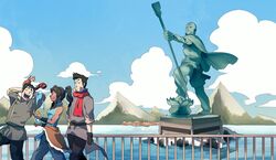  2boys :p aang avatar:_the_last_airbender black_hair blue_sky bolin brown_hair dark_skin female korra mako_(avatar) multiple_boys statue t_k_g the_legend_of_korra tongue_out walking water 