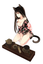  animal_ears bad_id bad_pixiv_id between_legs black_hair black_kimono bowl breasts cat_ears cat_girl cat_tail cleavage collarbone commentary_request female floral_print hand_between_legs japanese_clothes kimono large_breasts long_hair looking_at_viewer original seiza short_kimono side_handle_teapot simple_background sitting solo tail teapot thighs white_background zhenming 