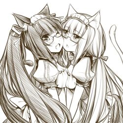  2girls animal_ears bespectacled blush breast_press cat_ears cat_tail cheek-to-cheek chocola_(nekopara) commentary_request frills glasses hair_ribbon headdress heads_together highres long_hair low_twintails monochrome multiple_girls nekopara one_eye_closed open_mouth puffy_short_sleeves puffy_sleeves ribbon short_sleeves simple_background symmetrical_docking tail twintails vanilla_(nekopara) very_long_hair white_background yuri yuriwhale 