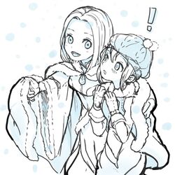  2girls blush commentary_request dress gloves hat highres jewelry long_hair monochrome multiple_girls necklace octopath_traveler octopath_traveler_i open_mouth ophilia_clement rico_ot scarf short_hair simple_background smile snow tressa_colzione winter_clothes 