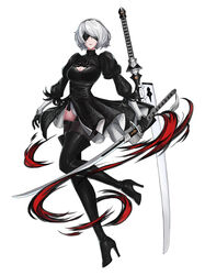  2b_(nier:automata) absurdres black_blindfold black_dress black_hairband blindfold boots breasts cleavage_cutout clothing_cutout commentary covered_eyes dress facing_viewer feather-trimmed_sleeves female gloves hairband hella_p high_heel_boots high_heels highres juliet_sleeves katana leather leather_boots leotard leotard_under_clothes long_sleeves medium_breasts nier:automata nier_(series) photoshop_(medium) puffy_sleeves short_hair simple_background skindentation solo sword thigh_boots thighhighs thighhighs_under_boots vambraces variant_set virtuous_contract virtuous_treaty weapon weapon_on_back white_hair 