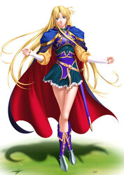  armor armored_dress belt blonde_hair blue_eyes blush boots breastplate cape crossed_legs_(standing) dress female female fingernails floating_hair flower full_body hands head_tilt legs legs_crossed long_hair looking_at_viewer parted_lips shadow sharon short_dress simple_background sleeves_past_wrists solo standing sword takatan thigh_gap very_long_hair weapon white_background words_worth 