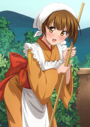  :d anime_coloring apron bamboo_broom blush broom brown_eyes brown_hair commentary_request female head_scarf japanese_clothes kimono looking_at_viewer maid maid_apron nakai_chitose namakemono_(u446644k) open_mouth outdoors plant short_hair smile solo sparkle tree vines wa_maid yuragisou_no_yuuna-san 