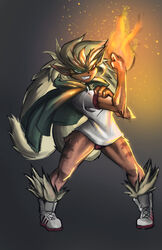  anthro anthrofied arcanine canid canine clothing female fire fur generation_1_pokemon hi_res hoodie looking_at_viewer mammal multicolored_body multicolored_fur nine_(snoutless) nintendo one_eye_closed orange_body orange_fur pokemon pokemon_(species) pokemorph snoutless solo standing topwear tuft wink 