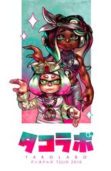  +_+ 2girls absurdres alternate_costume bandana blue_eyes breasts cephalopod_eyes chain_necklace chains crop_top crown dark-skinned_female dark_skin facing_viewer flat_chest gang_sign green_eyes headphones height_difference highres inkling jewelry lips looking_at_viewer marina_(splatoon) medium_breasts mole mole_under_mouth multiple_girls nail_polish necklace nose octoling pants pearl_(splatoon) pose splatoon_(series) splatoon_2 splatoon_2:_octo_expansion voodoothur 