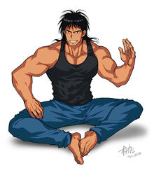  1boy abs bara barefoot black_eyes black_hair black_shirt blue_pants commentary_request dated denim full_body hand_up jeans karakuri_circus katou_narumi long_hair lrpanda00 male_focus muscular muscular_male pants parted_lips pectorals photoshop_(medium) shirt sitting smile solo white_background 