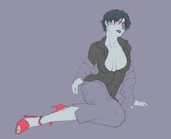  blue_eyes blue_skin breasts domino_(marvel) female glasses high_heels lipstick makeup marksman marvel open_shoes red-framed_glasses red_shoes shoes short_hair sitting x-men 