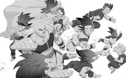  6+boys :&gt; :p ^_^ absurdres armor bad_id bad_pixiv_id bald bardock boots cape carrying closed_eyes dragon_ball dragon_ball_z facing_away floating_hair flying frown full_body greyscale grin happy highres long_hair male_focus monochrome multiple_boys nappa open_mouth profile raditz running saiyan_armor short_hair simple_background smile smoke smoking son_gohan son_goku son_goten spiked_hair supobi tarble teeth tongue tongue_out trunks_(dragon_ball) tullece v vegeta very_long_hair white_background wristband 