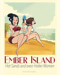  avatar:_the_last_airbender azula beach bikini black_hair blue_fire brown_hair female fire hair_up legs_together lipstick makeup midriff multiple_girls navel nick_swift ocean palm_tree poster red_lipstick sand stylized swimsuit ty_lee 