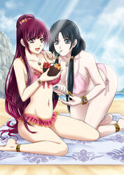  2girls anklet asami-ch barefoot beach bikini bikini_skirt black_eyes black_hair bracelet breasts cleavage coconut commentary cousins day drink drinking_straw fruit_cup hair_ornament hanging_breasts huge_breasts jewelry long_hair magi_the_labyrinth_of_magic multiple_girls navel necklace photoshop_(medium) red_eyes red_hair ren_hakuei ren_kougyoku sand sitting swimsuit tied_hair towel tropical_drink very_long_hair 