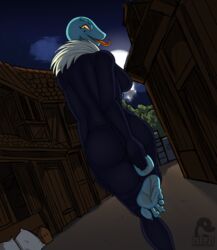  2023 5_toes alley anthro barefoot blush body_blush breasts clothing conditional_dnp dirty dirty_feet feet female filth foot_blush haa hi_res humanoid_feet kiihra_(quintonquill) looking_at_viewer looking_back night plantigrade rear_view reptile scalie skinsuit snake soles solo stirrup_footwear tight_clothing toes tongue tongue_out zp92 