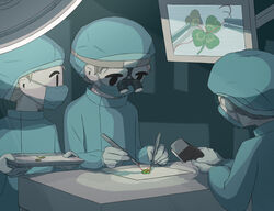  3others absurdres avogado6 binoculars black_eyes brown_hair clover commentary four-leaf_clover highres holding holding_tray jitome lab_coat leaf mask microscope mouth_mask multiple_others original pincers surgeon surgery surgical_mask thread tray tying 