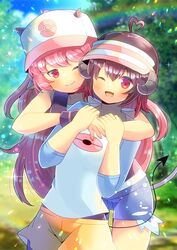  2girls amanogawa_aku animal_ears baseball_cap blush brown_hair commission cosplay cow_ears cow_girl cow_horns cow_tail demon_girl demon_horns demon_tail hat hilda_(pokemon) hilda_(pokemon)_(cosplay) horns hug indie_virtual_youtuber kou_hiyoyo looking_at_viewer multicolored_hair multiple_girls one_eye_closed pantyhose pink_eyes pink_hair pokemon pokemon_bw pokemon_bw2 red_eyes red_hair rosa_(pokemon) rosa_(pokemon)_(cosplay) skeb_commission smile tail tantan_(vtuber) virtual_youtuber 