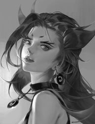  absurdres aling_(shanatans) bare_shoulders choker earrings female from_side gradient_background grey_background greyscale hair_ornament highres jewelry league_of_legends long_hair looking_at_viewer monochrome necklace parted_lips portrait solo zyra 