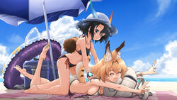  2girls animal_ears backpack bag barefoot beach beach_umbrella bikini black_bikini black_eyes black_hair blonde_hair blue_sky breast_press breasts closed_eyes cloud commentary_request cooler day feet hair_between_eyes hat_feather helmet highres horizon innertube kaban_(kemono_friends) kemono_friends legs lying medium_breasts multiple_girls naka_(nicovideo14185763) ocean on_stomach outdoors pith_helmet serval_(kemono_friends) short_hair side-tie_bikini_bottom sky small_breasts soles swim_ring swimsuit tail toes umbrella wavy_hair white_bikini 