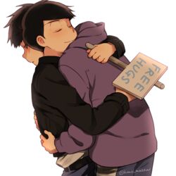  2boys belt black_belt black_jacket brothers closed_eyes closed_mouth commentary_request free_hugs from_side half-closed_eyes himishiro holding holding_sign hood hood_down hoodie hug jacket leaning_forward long_sleeves looking_away male_focus matsuno_ichimatsu matsuno_karamatsu multiple_boys osomatsu-kun osomatsu-san osomatsu_(series) parted_lips profile purple_hoodie sad siblings sign simple_background smile twitter_username upper_body white_background 