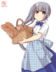  alternate_costume apron artist_logo baguette basket blue_apron blue_bow blue_bowtie blue_skirt blush bow bowtie bread checkered_apron checkered_clothes closed_mouth commentary_request dated employee_uniform feet_out_of_frame female flat_chest food gingham gingham_apron grey_hair high-waist_skirt highres holding holding_basket holding_food kanon_(kurogane_knights) kantai_collection kasumi_(kancolle) kobeya kobeya_uniform light_smile long_hair long_skirt looking_at_viewer plaid plaid_apron pocket shirt short_sleeves side_ponytail signature simple_background skirt solo standing uniform very_long_hair waitress white_background white_shirt yellow_eyes 