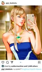  blonde_hair blue_eyes breasts cellphone character_name cleavage collarbone earrings fake_screenshot female gigi_andalusia gundam gundam_hathaway&#039;s_flash hair_behind_ear highres holding holding_phone instagram jewelry long_hair louis_vuitton_(brand) necklace phone realistic selfie small_breasts smartphone smile social_network solo upper_body walkermachine 