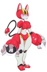  2019 animal_humanoid breasts digital_media_(artwork) empty_eyes featureless_breasts felid felid_humanoid feline_ears female hi_res humanoid machine mammal mammal_humanoid medarot peppercat peppercat_(medabots) plug pseudo_clothing red_body riipley robot simple_background small_waist solo thick_thighs white_body wide_hips 