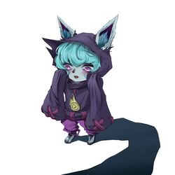  :o animal_ears black_nails blush ears_through_headwear female full_body green_hair grey_background hands_up highres hood hooded_coat jeon_(user_ywaw3774) league_of_legends living_shadow long_sleeves nail_polish oerba_yun_fang open_mouth oversized_clothes pants pink_pants purple_eyes short_hair simple_background standing toenail_polish toenails vex_(league_of_legends) vex_shadow_(league_of_legends) yordle 