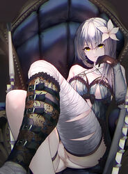  asymmetrical_hair asymmetrical_legwear bad_id bad_pixiv_id bandaged_arm bandaged_leg bandaged_neck bandages bare_shoulders black_gloves blunt_bangs braid braided_hair_rings bulge chair commentary detached_sleeves female flower futanari gloves hair_flower hair_ornament hair_rings highres jagged_sword kaine_(nier) leg_warmers lingerie long_hair lunar_tear negligee nier nier_(series) panties parted_lips single_leg_warmer sitting solo sword thigh_strap underwear ura_illust weapon white_hair white_panties yellow_eyes 