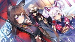  3girls alternate_costume amagi_(azur_lane) animal_ear_fluff animal_ears azur_lane bismarck_(azur_lane) bismarck_(beacon_of_the_iron_blood)_(azur_lane) black_dress black_gloves black_thighhighs blonde_hair blue_eyes blunt_bangs blush bow breasts breath brown_hair cleavage closed_mouth commentary_request double_bun dress elbow_gloves fingerless_gloves floating_hair floral_print food fox_ears gloves hair_between_eyes hair_bun hairband hairbow holding holding_food japanese_clothes kimono kurot laffey_(azur_lane) laffey_(snow_rabbit_and_candy_apple)_(azur_lane) large_breasts long_hair long_sleeves looking_at_viewer multiple_girls obi oil-paper_umbrella open_mouth outdoors parted_lips print_kimono purple_eyes rabbit_ears red_bow red_eyes red_hairband sash smile thick_eyebrows thighhighs twitter_username umbrella very_long_hair white_hair wide_sleeves 