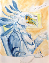  absurd_res accipitriform anthro avian beak bird black_body black_feathers breasts chair cleavage clothed clothing coffee_mug desk dew_dragon eyelashes feathers female furniture hi_res inside non-mammal_breasts office painting_(artwork) pupils secretary secretary_bird sitting slit_pupils solo swedish_text table text traditional_media_(artwork) translated watercolor_(artwork) white_body white_feathers yellow_eyes 