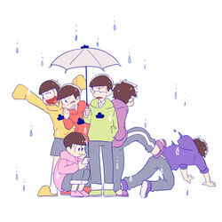  6+boys :3 :d arms_up bad_id bad_pixiv_id blue_hoodie brothers brown_hair cellphone closed_mouth d: eye_contact facing_away falling full_body green_hoodie grey_umbrella grin half-closed_eyes hand_in_pocket hand_up happy head_rest heart heart_in_mouth holding holding_phone holding_umbrella hood hood_down hoodie kicking leaning_forward leg_up long_sleeves looking_at_another looking_away looking_down looking_to_the_side lya_(16335575) male_focus matsuno_choromatsu matsuno_ichimatsu matsuno_jyushimatsu matsuno_karamatsu matsuno_osomatsu matsuno_todomatsu multiple_boys one_eye_closed open_hands open_mouth osomatsu-kun osomatsu-san osomatsu_(series) outstretched_arms pants pants_rolled_up phone photoshop_(medium) pink_footwear pink_hoodie purple_footwear purple_hoodie rain raised_eyebrow red_footwear red_hoodie sandals sextuplets shoe_soles shoes shorts siblings simple_background sleeves_past_fingers sleeves_past_wrists slippers smartphone smile squatting standing sweat sweatpants umbrella v-shaped_eyebrows white_background white_legwear wing_collar yellow_footwear yellow_hoodie 