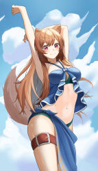  absurdres animal_ear_fluff animal_ears belt bikini blue_bikini blue_sarong blue_sky blush breasts brown_hair closed_mouth cloud cloudy_sky commentary_request cowboy_shot day english_commentary female highres long_hair looking_at_viewer medium_breasts mixed-language_commentary mozz1_hozzi navel official_alternate_costume raccoon_ears raccoon_girl raccoon_tail raphtalia red_eyes sarong sky smile solo standing stomach stretching swimsuit tail tate_no_yuusha_no_nariagari thigh_belt thigh_strap thighs 