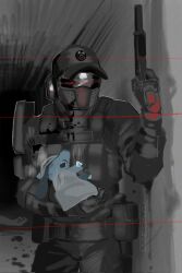  anthro armed black_blood blood bodily_fluids colored_blood corpse generation_4_pokemon grey_background greyscale gun gunshot hi_res human male mammal monochrome nintendo pokemon pokemon_(species) protection rag ranged_weapon riolu samu_(sincastermon) simple_background sincastermon towel trainer_b(sincastermon) unusual_blood unusual_bodily_fluids war weapon wounded 