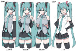  5girls :d absurdres alternate_breast_size aqua_eyes aqua_hair aqua_necktie arm_tattoo arm_up armpits bare_shoulders black_thighhighs breasts bust_chart channel_(_caststation) closed_eyes collarbone colored_skin commentary comparison detached_sleeves feet_out_of_frame grey_shirt hatsune_miku headset highres impossible_clothes impossible_shirt index_finger_raised large_breasts long_hair looking_at_viewer medium_breasts miniskirt multicolored_skin multiple_girls multiple_persona necktie number_tattoo open_mouth pleated_skirt shirt simple_background skirt sleeveless sleeveless_shirt small_breasts smile staring sweat sweatdrop tattoo thighhighs twintails two-tone_skirt v very_long_hair vocaloid white_background white_shirt zettai_ryouiki 