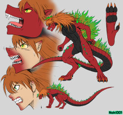  4_fingers ambiguous_gender angry anthro asuka_langley_soryu claws feet fingers green_eyes grey_background hair hi_res human kaiju long_tail mammal mid_transformation neon_genesis_evangelion noki001 open_mouth orange_claws orange_hair pawpads red_body sharp_teeth simple_background solo spikes standing tail teeth 