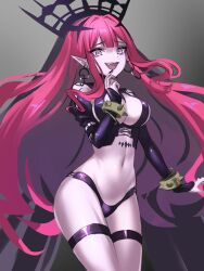  baobhan_sith_(fate) baobhan_sith_(second_ascension)_(fate) black_nails black_panties bracelet breasts detached_sleeves earrings fate/grand_order fate_(series) female grey_eyes gyoza_(pi512126) hand_up highres hoop_earrings jewelry long_hair looking_at_viewer navel oerba_yun_fang open_mouth panties pink_hair pointy_ears revealing_clothes sidelocks smile solo spiked_bracelet spikes thigh_strap underwear veil 