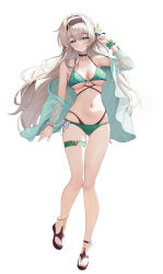  absurdres alternate_costume armpit_crease armpits bare_shoulders bikini black_choker black_hairband blue_eyes blush breasts choker cleavage closed_mouth collarbone commentary_request female firefly_(honkai:_star_rail) frilled_sleeves frills full_body green_bikini green_pupils green_shirt green_wrist_cuffs hairband hand_up highres honkai:_star_rail honkai_(series) kesa_pasa korean_commentary large_breasts long_hair looking_at_viewer multi-strapped_bikini_bottom multicolored_eyes navel open_clothes open_shirt see-through see-through_sleeves shirt simple_background single_wrist_cuff smile solo swimsuit thigh_strap very_long_hair wet white_background white_hair wrist_cuffs 