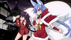  2girls animal_ears arm_warmers bare_legs blue_hair bow breasts breath capelet carrying_over_shoulder cleavage closed_mouth commentary_request detached_sleeves dress fox_ears fox_tail fur-trimmed_capelet fur-trimmed_dress fur_trim green_bow green_eyes highres holding holding_sack house jewelry kirishima_(alutear) long_sleeves looking_at_another low_ponytail magatama magatama_necklace mouri_toushirou_(tenka_hyakken) multiple_girls murasame_sukehiro_(tenka_hyakken) necklace open_mouth outdoors purple_hair red_capelet red_dress red_eyes ribbon sack santa_costume scarf snowing striped_clothes striped_scarf tail tenka_hyakken tree yellow_ribbon 